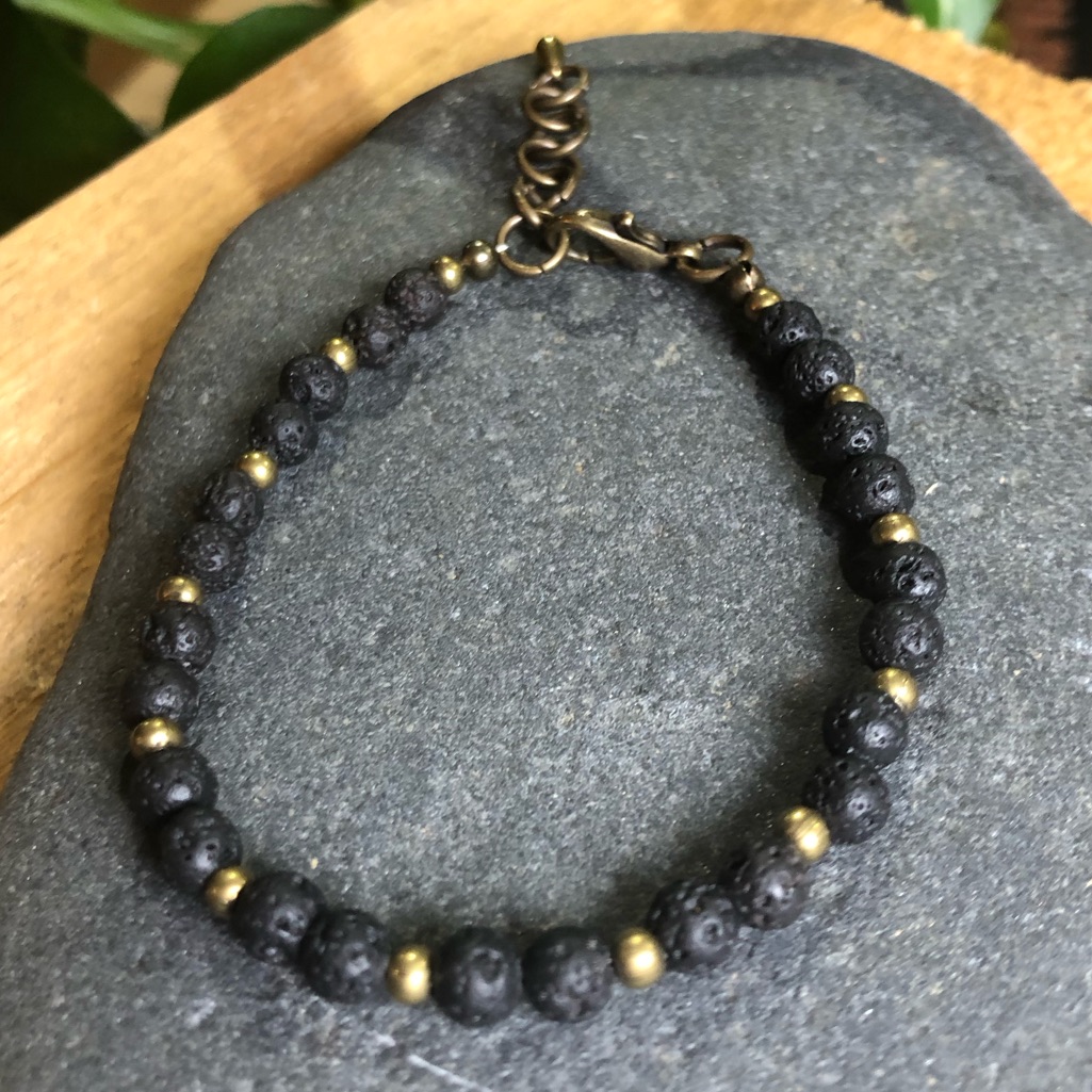 Tiny Natural Lava Stone Beaded Bracelet, 4mm